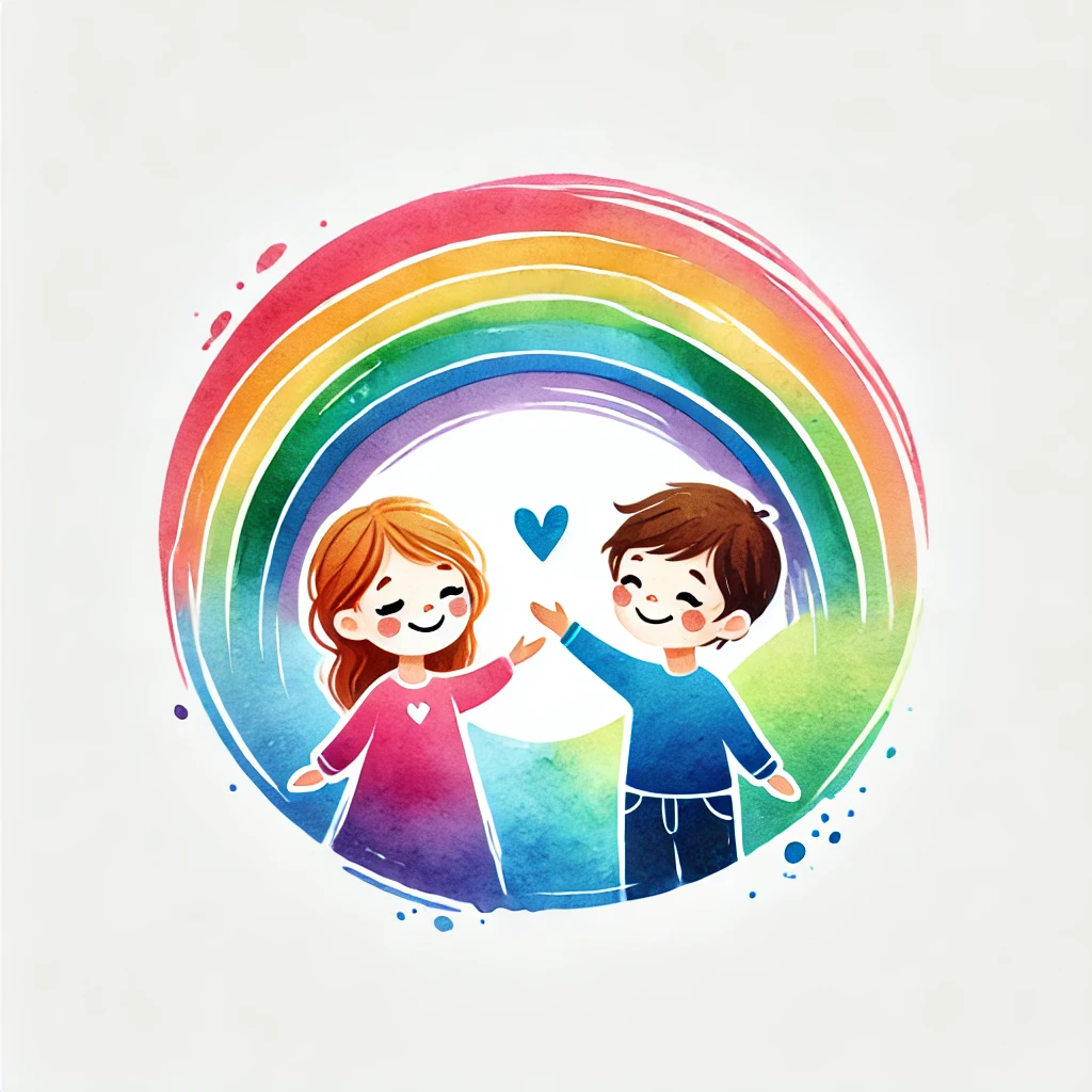 DALL·E 2025-01-10 14.56.32 - A watercolor-style logo with two children, a boy and a girl, under a vibrant rainbow. The boy is extending his hand toward the rainbow, while the girl